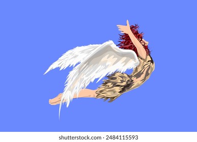 red-haired winged woman flying against a blue background