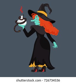 Red-haired  witch in black dress and cloak . Evil cartoon witch. Vector illustration. 