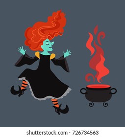 Red-haired  witch in black dress and cloak . Evil cartoon witch. Vector illustration. 