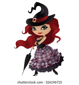 Red-haired witch with a black umbrella. Charming witch in pin-up style. Witch isolated on white background. Beautiful character for Halloween in cartoon style. Vector illustration.