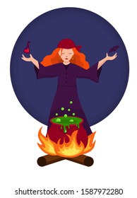 Red-haired witch brews a green potion on a fire at night. Cute cartoon fortune-teller. Alchemy, magic, witchcraft and mysticism. Vector flat illustration.
