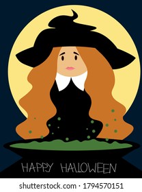 red-haired witch brews a potion in a cauldron for Halloween