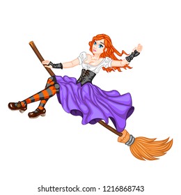 Red-haired witch flying on a broomstick. A pretty girl in orange-black stockings. Cute enchantress for fairy tales and Halloween. Girl on white background. Vector illustration. EPS 8.