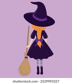 red-haired witch, with her back holding a broom, with braids in her hair, and a black dress, illustration