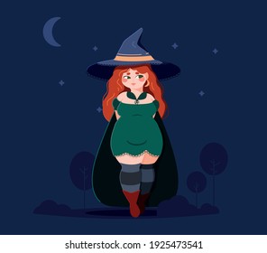 red-haired Witch night in the forest Halloween