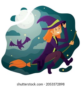 A red-haired witch on a broomstick in the starry sky on Halloween night.