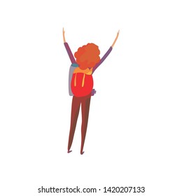 Red-haired woman with a backpack. Vector illustration on white background.