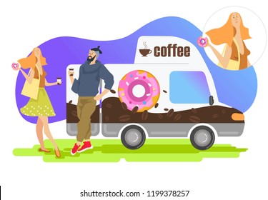 red-haired woman and bearded man drinking coffee and eating donuts near the coffee machine vector illustration
