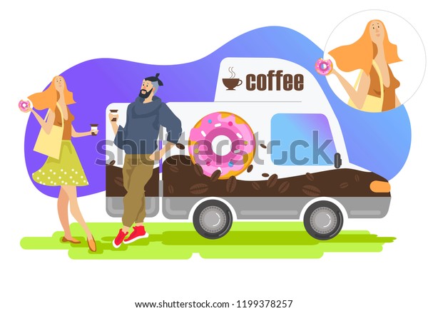 red-haired woman and\
bearded man drinking coffee and eating donuts near the coffee\
machine vector\
illustration