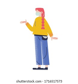 A red-haired woman in blue pants standing with the protective medical face mask. Vector illustration in the flat cartoon style.