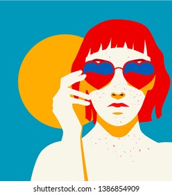 Redhaired woman with bob haircut and pale freckled skin on blue background wearing heart shaped sunglasses, fashion retrowave 80s-90s style vector illustration.