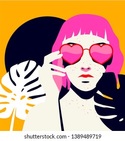 Redhaired woman with bob haircut and pale freckled skin on palm tree background wearing heart shaped sunglasses, fashion retrowave/ synthwave 80s-90s style vector illustration.