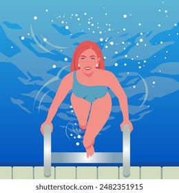 A red-haired woman comes out of the pool and climbs the stairs. Summer holidays at the resort. Vector flat illustration