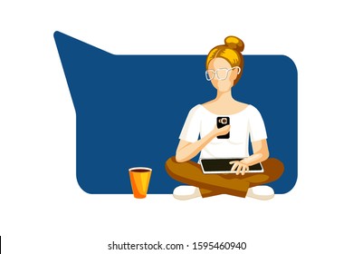 Red-haired woman cross-legged with tablet and cup, speech bubble background in classic blue color. Trendy vector illustration. Chat via social networks and web, media influencers, key opinion leaders