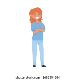 Red-haired Woman Doctor in Medical Uniform Standing with Her Arms Folded on the Chest Vector Illustration