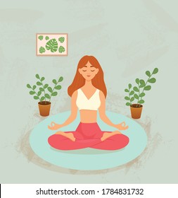 Red-haired woman doing yoga in the lotus position on a blue rug at home. Vector illustration of a woman doing asanas. The concept of yoga, meditation, sports, healthy lifestyle.
