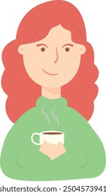 Red-haired woman holding a steaming mug, wearing a green sweater