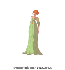 Red-haired woman in a long green old-fashioned dress. Vector illustration on white background.