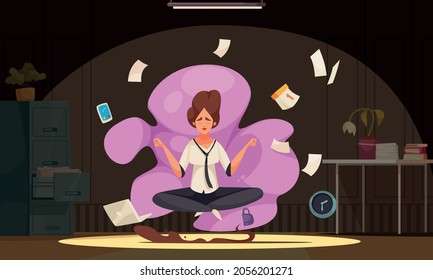 Redhaired woman meditating in office in yoga lotus pose shrouded in pink cloud cartoon composition vector illustration 