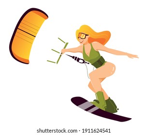 Red-haired woman in olive swimsuit rushes standing on the kiteboard, in one hand holding power kite. Kitesurfing or extreme sport concept. Vector illustration
