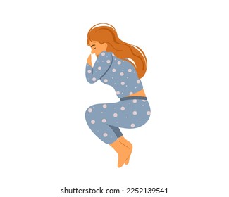 Red-haired woman in pajamas lies on her side, isolated on a white background. Top view. Flat vector illustration