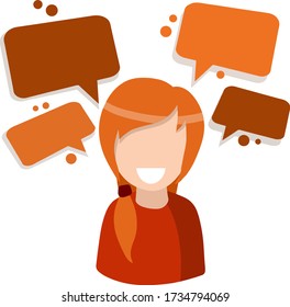 Red-haired woman. Pigtail on head. Cute female character in red clothes for social network avatar. Flat cartoon Cloud text bubble dialog. Conversation and Talk.