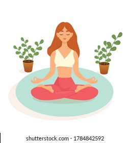 Red-haired woman practices yoga in the lotus position on a blue mat on a white background. Vector illustration of a woman doing asanas. The concept of yoga, meditation, sports, healthy lifestyle