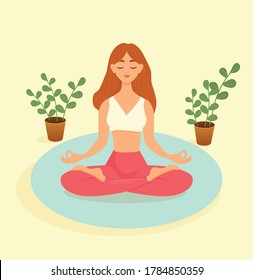 A red-haired woman practices yoga in a lotus position on a blue rug against a yellow background. Vector illustration of a woman doing asanas. The concept of yoga, meditation, sports, healthy lifestyle