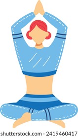 Red-haired woman practicing yoga, calmness and fitness. Serene lady enjoys meditation in blue attire, relaxation and peacefulness.