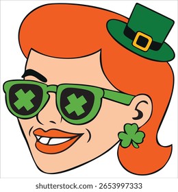 Red-haired woman with shamrock earrings and glasses vector
