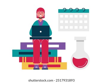 Red-haired woman sitting at a large book, working on college assignments on a laptop. Character design. Vector flat illustration