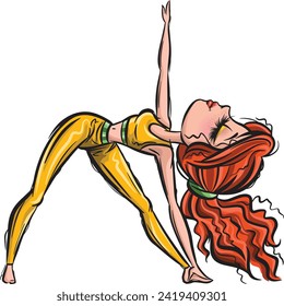 Red-haired yoga girl. Healthy life style. Yoga routine. Classic yoga asanas. Sport exercise in usual life. Cartoon style girls. Yoga for children