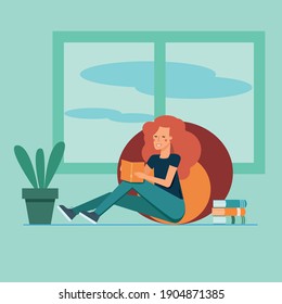 A red-haired young girl with a book in her hands. The concept of homeschooling and the love of books. Flat cartoon vector illustration.