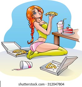 Red-haired young girl with long hair and beautiful figure sitting on the floor near the table eating pizza and other nutritious and fatty foods, desserts cakes, drink milkshakes and loves Italian food