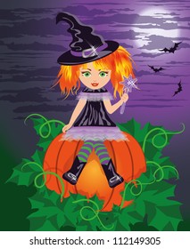 Red-haired young witch with a magic wand. vector illustration