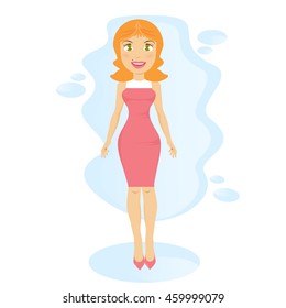 The red-haired young woman in a pink dress. Cartoon flat design.