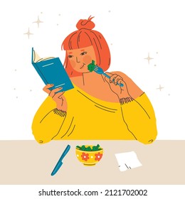 Red-haired young woman reads a book and eats broccoli. The concept of a healthy lifestyle and proper nutrition. Vector illustration, eps 10.