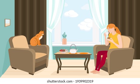 Red-haired young woman with a red cat drinking tea. Vector illustration of a girl and a cat for animation. Editable strokes, all details on separate layers.
