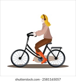 Red-haired young woman rides a bicycle wearing headphones. Isolated vector illustration