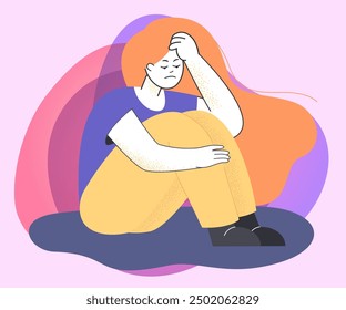 Red-haired young woman in stress. Unhappy girl sitting on floor and hugging her knees flat vector illustration. Mental health, stress, depression concept