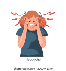 A red-haired young woman suffers from headaches and migraines. This woman is sick. Symptoms of a viral disease. Colds, flu, coronavirus. Isolated vector illustration on a white background