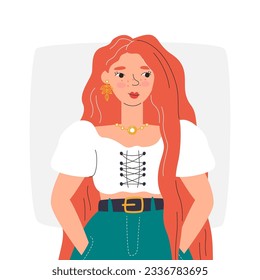 Red-haired young woman in trendy summer outfit. Goddess girl for magazine cover design. Natural beauty portrait. Personage design for poster art. Female character hand drawn flat vector illustration