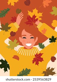 Red-haired young woman in a yellow sweater plays with autumn leaves, enjoying nature and improving her mental health. Vector.