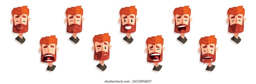 Cabeça de homem ruiva barbudo e Avatar com conjunto de vetor de emoção