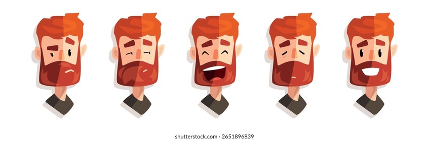 Cabeça de homem ruiva barbudo e Avatar com conjunto de vetor de emoção