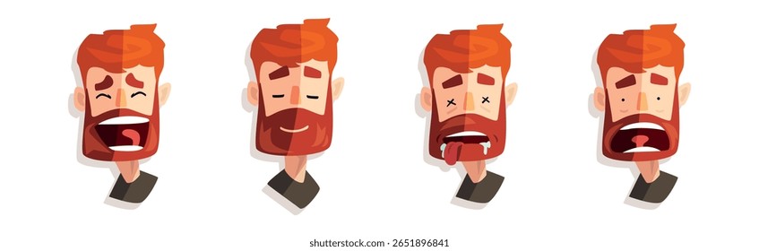 Cabeça de homem ruiva barbudo e Avatar com conjunto de vetor de emoção
