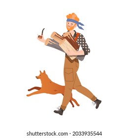 Redhead Bearded Woodman or Lumberman in Checkered Shirt and Sling Pants Carrying Wood Walking with His Dog Vector Illustration