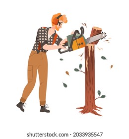 Redhead Bearded Woodman or Lumberman in Checkered Shirt and Sling Pants Sawing Log with Chain Saw Vector Illustration