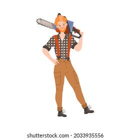 Redhead Bearded Woodman or Lumberman in Checkered Shirt and Sling Pants Standing with Chain Saw Vector Illustration