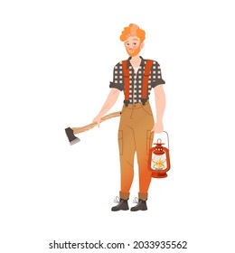 Redhead Bearded Woodman or Lumberman in Checkered Shirt and Sling Pants Standing with Ax and Lantern Vector Illustration